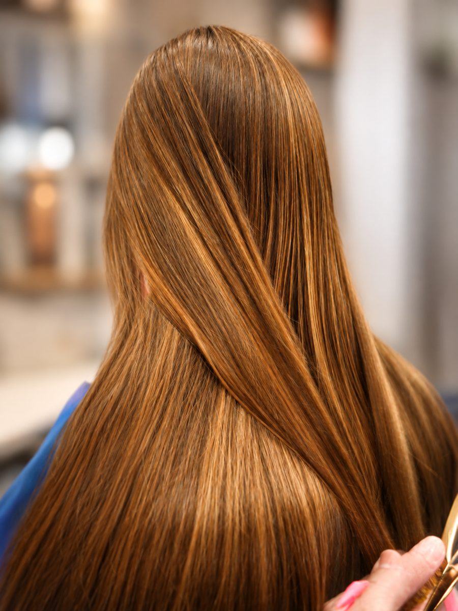 Long, healthy hair styled at TeamClips
